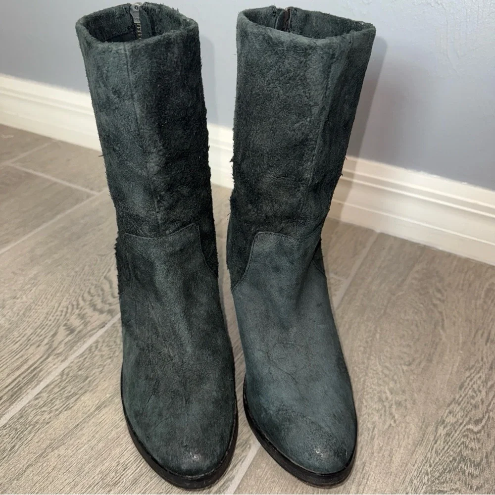 Free People Faded Black Suede Boots Distressed Leather Mid‎ Calf Heel US 8 (39)